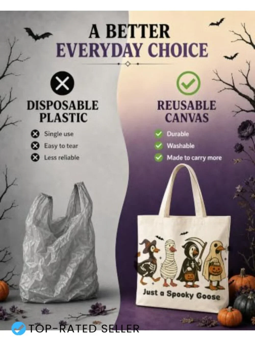 Halloween Skull Canvas Tote Bag - Reusable Large Shoulder Bag